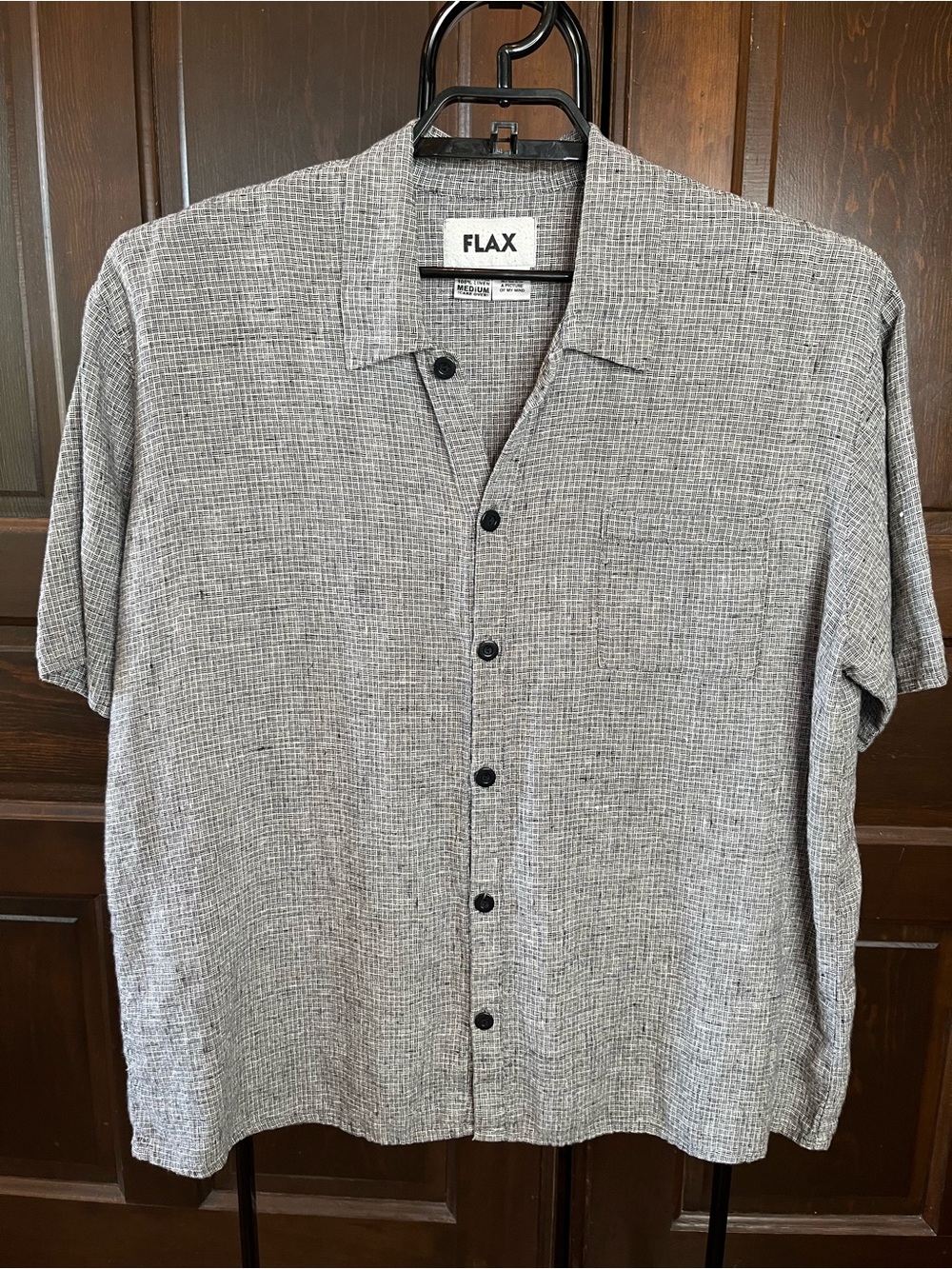 FLAX Linen Camp Shirt Short Sleeve Men's Size M Black/White Basketweave